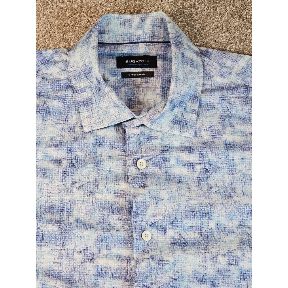 Bugatchi OoohCotton Tech 8-Way Stretch Azure Blue Abstract Print Shirt Mens M